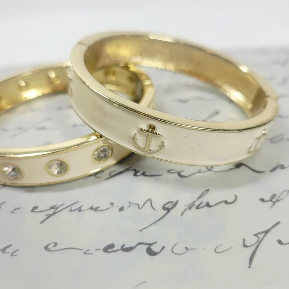 90s Cream Enamel Clamper Bangle Set Nautical Stackable Eternity Rhinestones